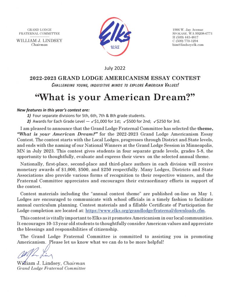 elks lodge american dream essay contest